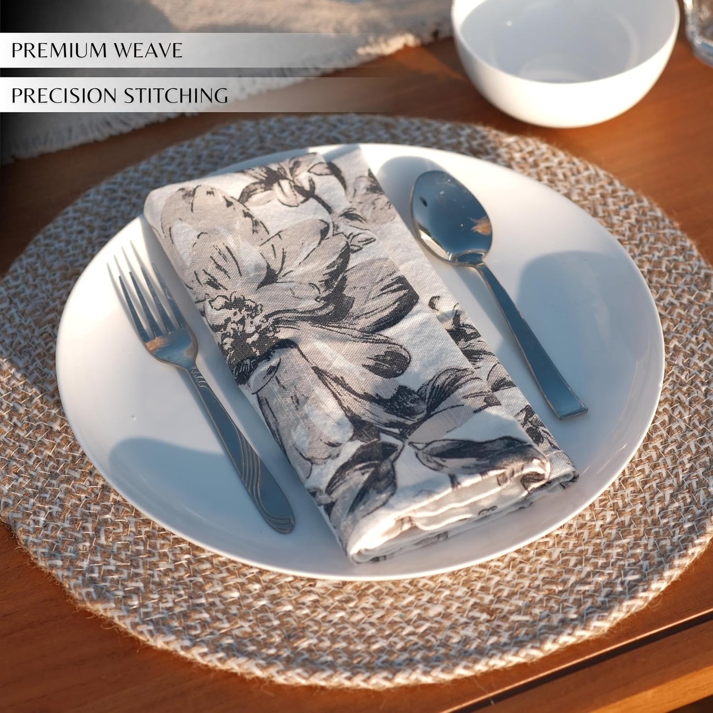Palisa Floral Print Cloth Napkins Set of 12, 18x18 Inch, (Grey & Beige) | 100% Cotton Dinner Napkins | Reusable &