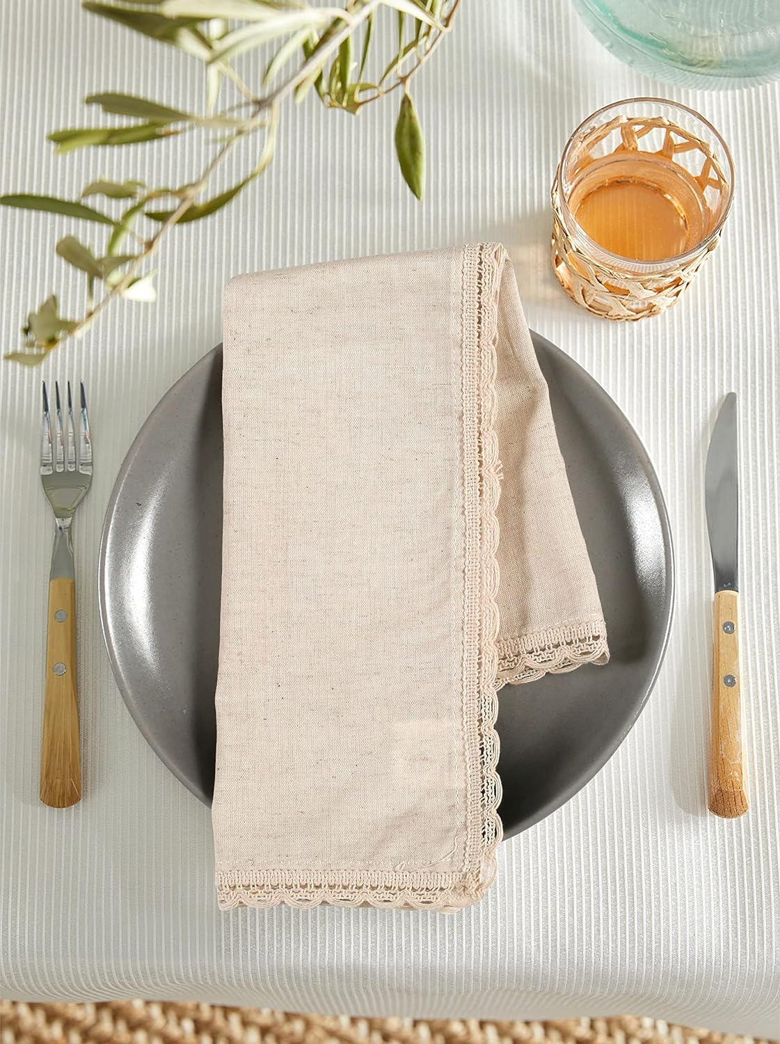 Hausattire Cloth Dinner Napkins, 12-Pack, 20x20 in, Natural | Flax-cotton blend, lace trim, mitered corners, machine