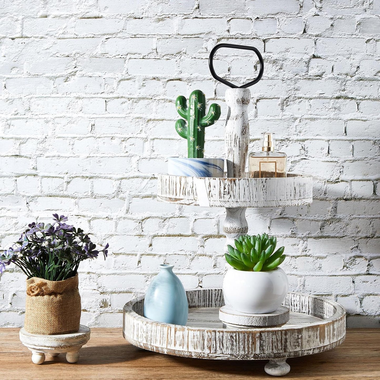 Mini Wood Risers for Decor Round Wooden Riser Small Wooden Stool Display Stand / White / Set of 2