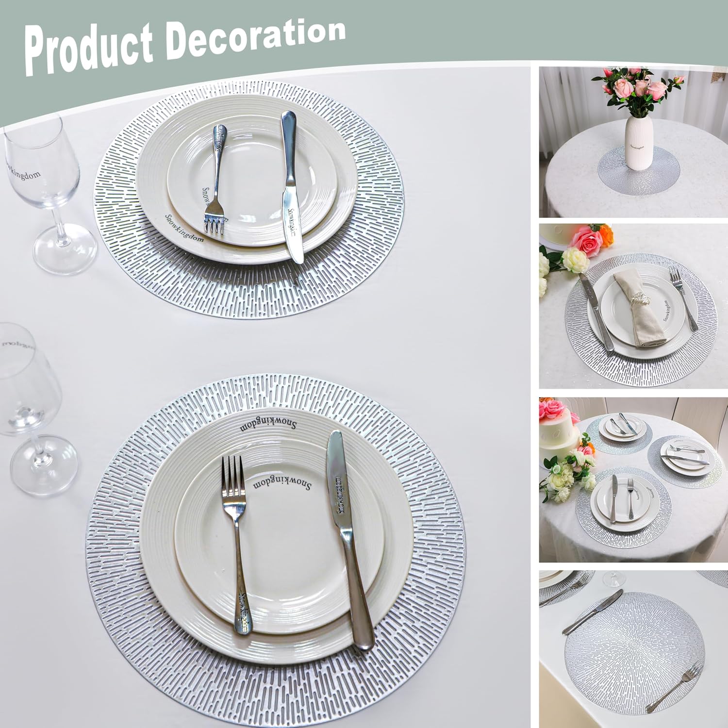 Snowkingdom Silver Placemats Set of 18, 15 Inch Round Metallic Hollow Vinyl Place Mats, Washable Wipeable Non Slip