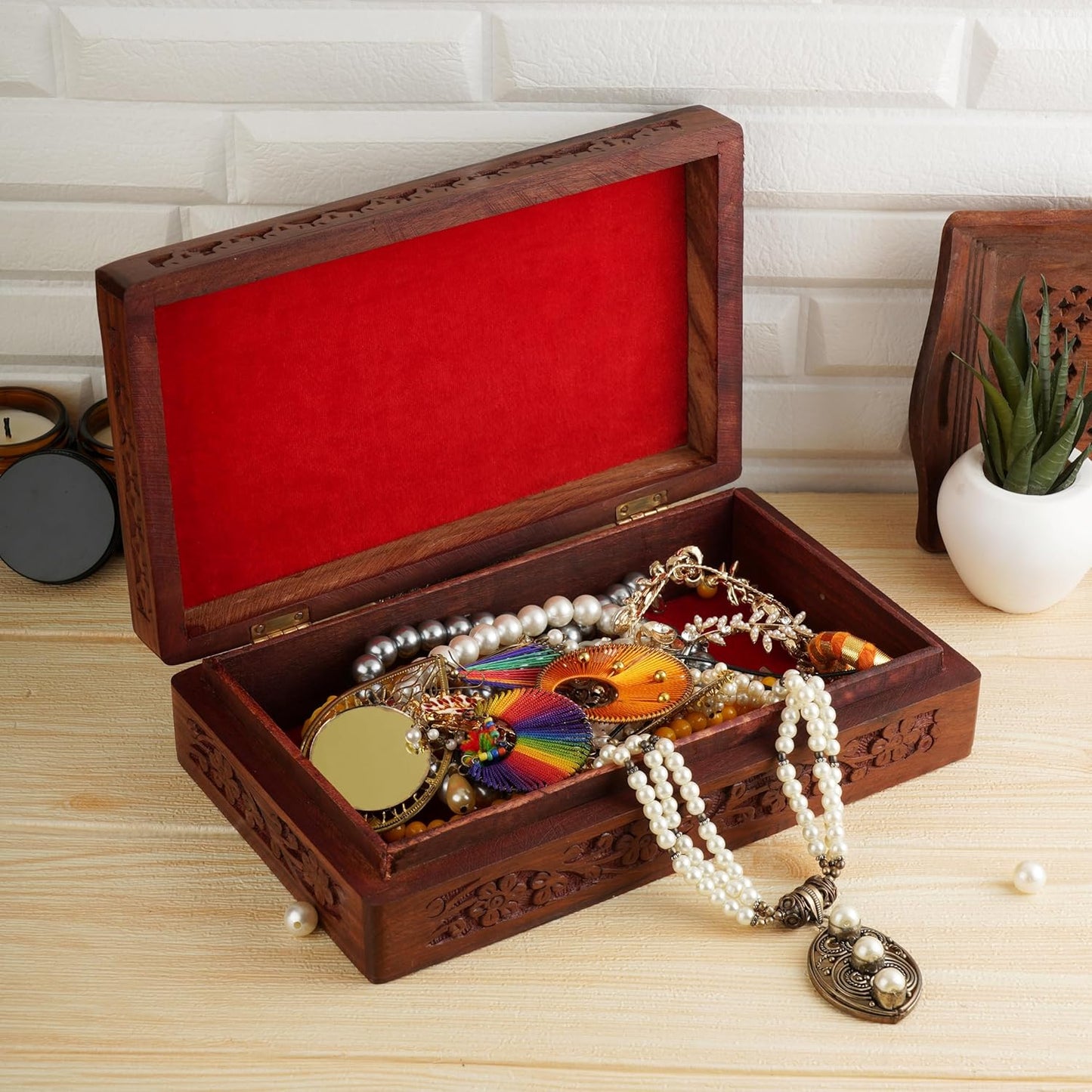 Wooden Handcarved Decorative Jewelry Storage Box Flower Design Multipurpose Treasure Chest / 8 x 5
