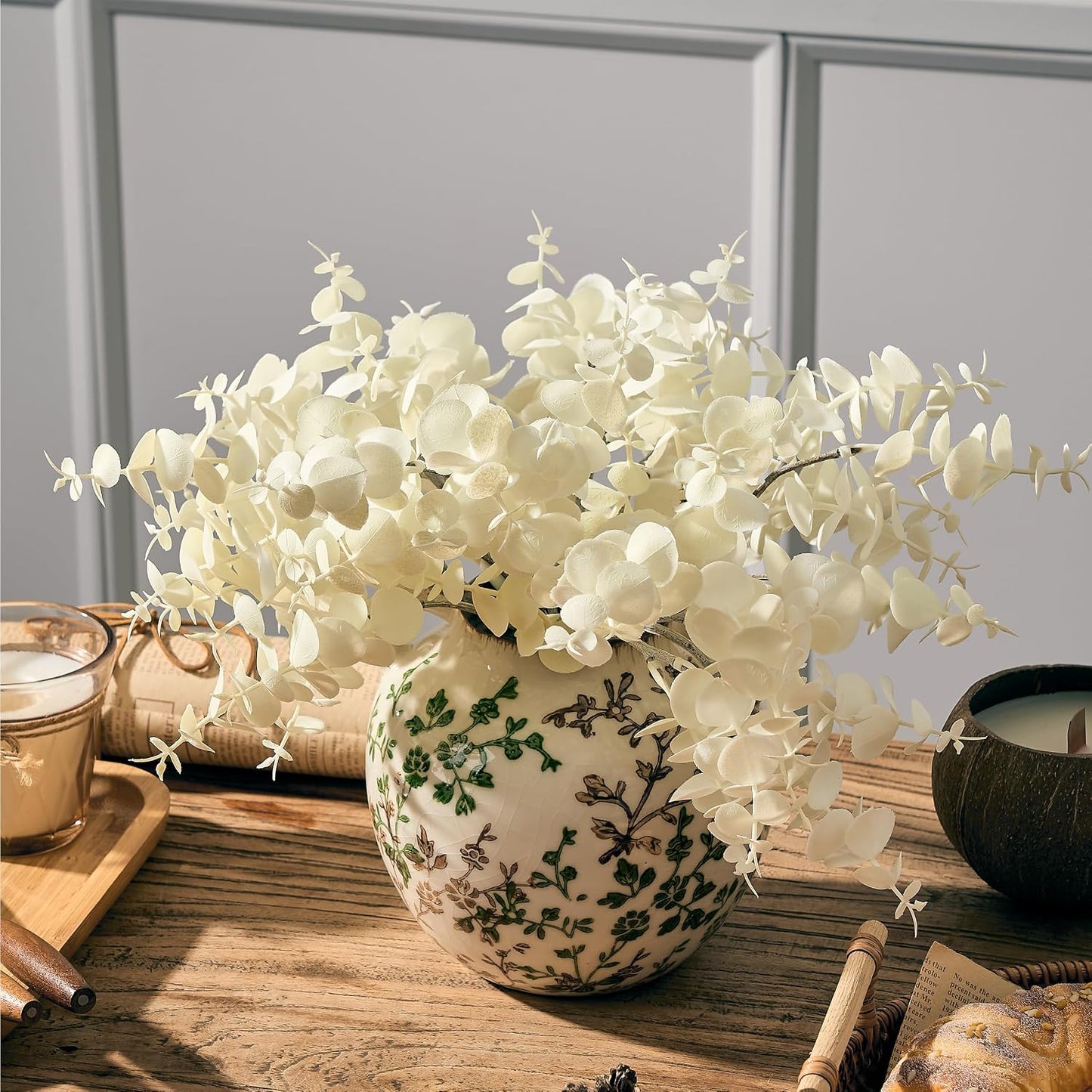 Rustic Ceramic Vase / Beige and Green- 5.6 / 5.6 Inch