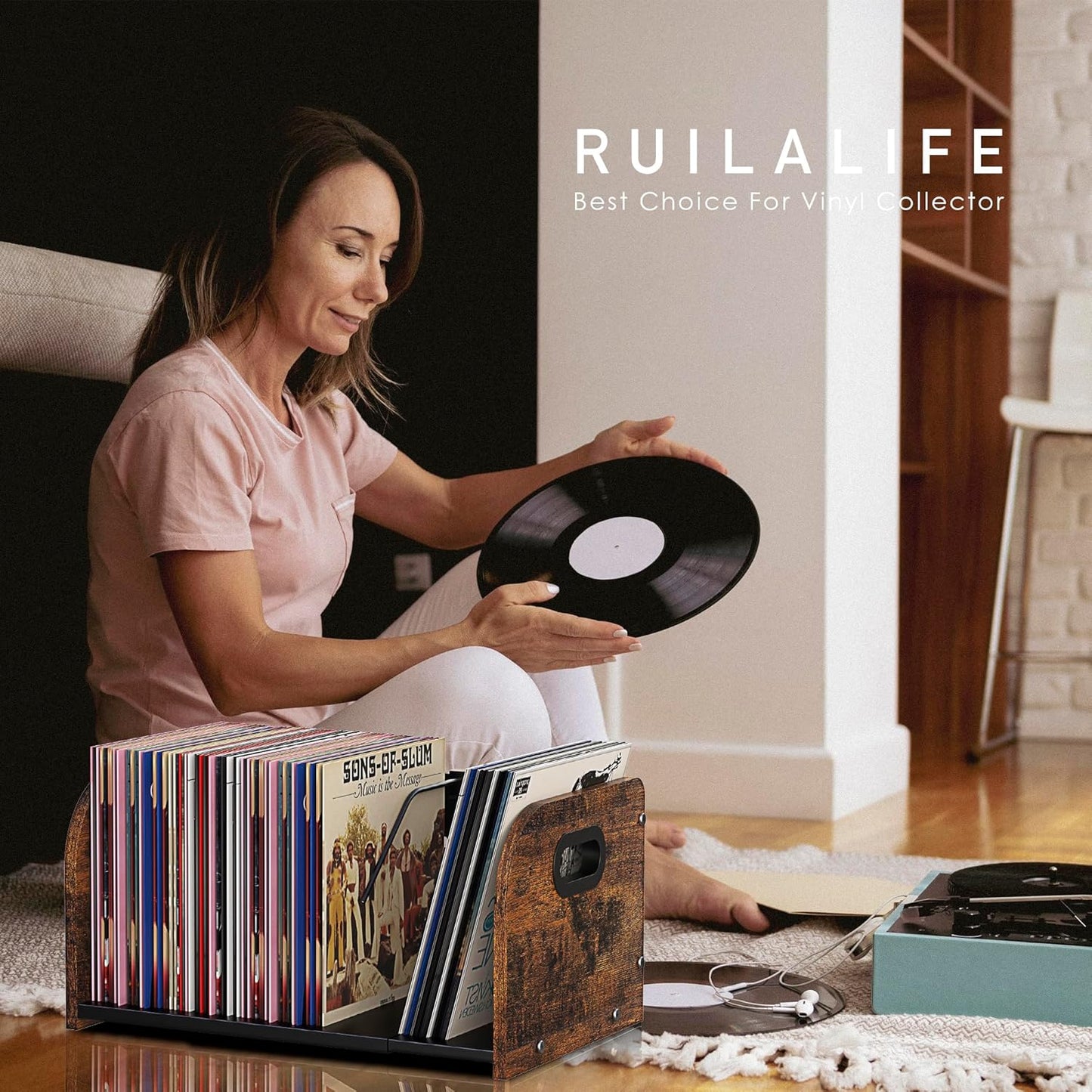 RUILALIFE Vinyl Record Storage Holder, Expandable Record Holder Rack With Movable Divider, 110 LP Album Display Shelf
