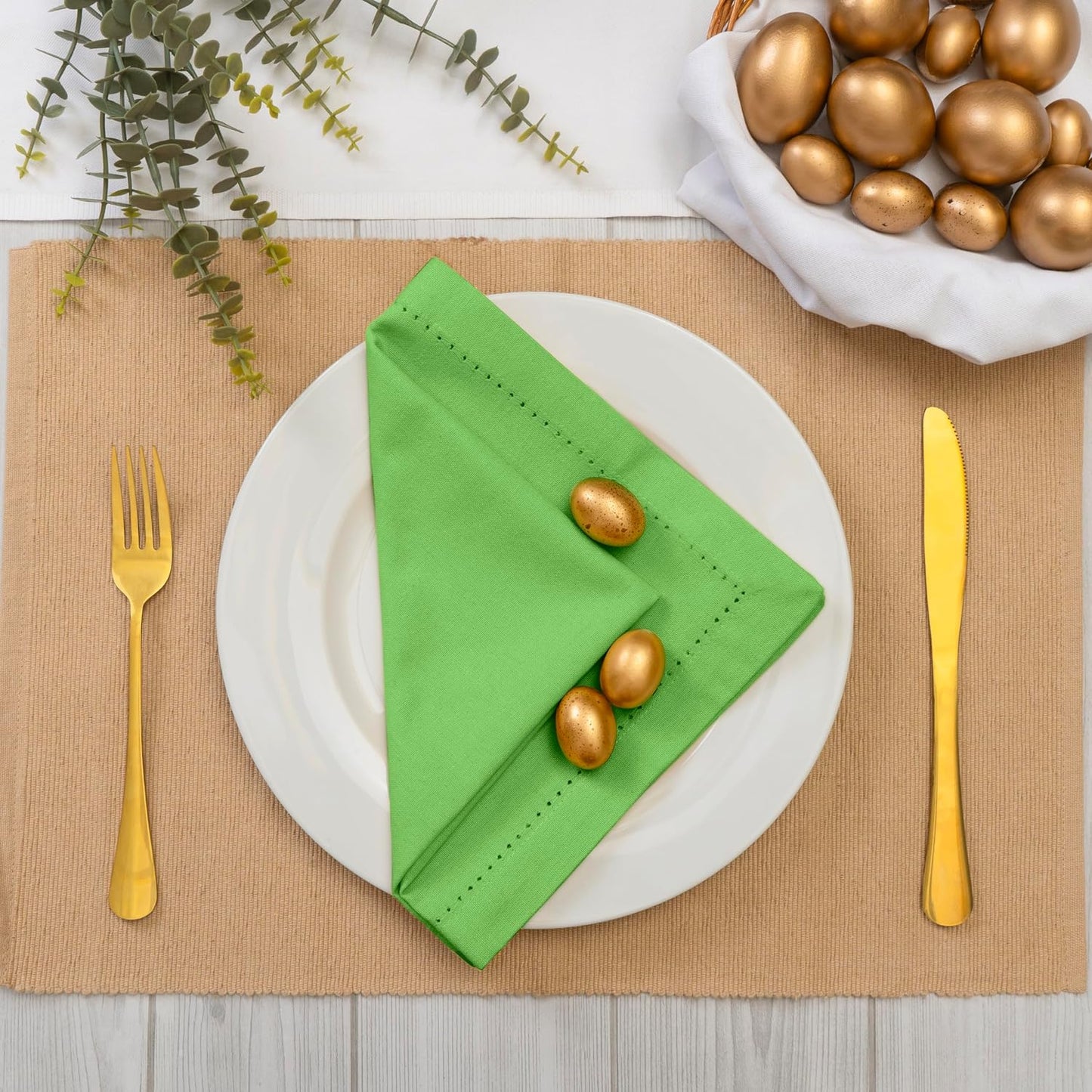 Blue Needles Set of 12 Hemstitch Linen Napkins 100% Cotton Apple Green Cloth Dinner Napkins 18x18 inches - Spring