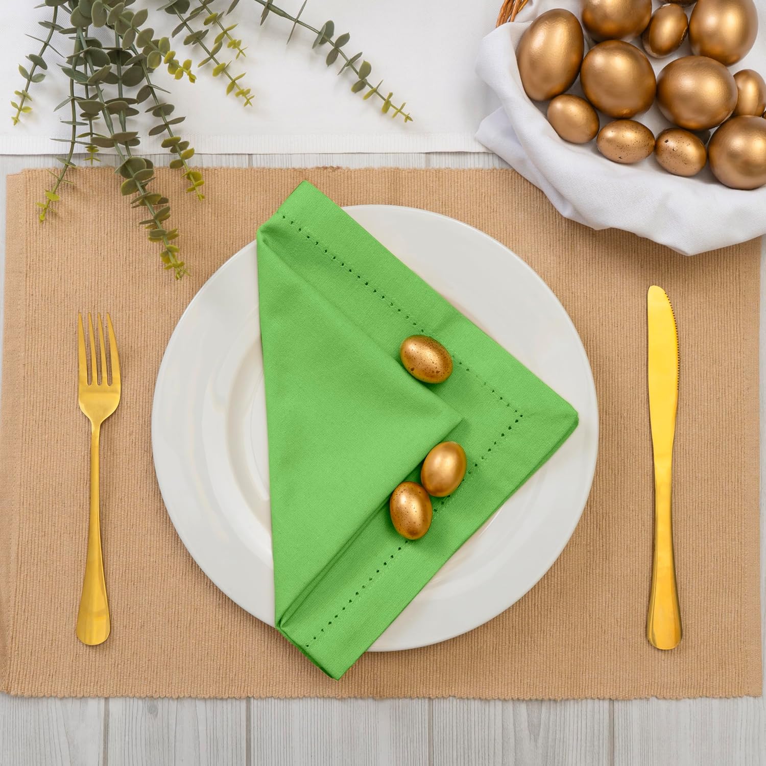 Blue Needles Set of 12 Hemstitch Linen Napkins 100% Cotton Apple Green Cloth Dinner Napkins 18x18 inches - Spring