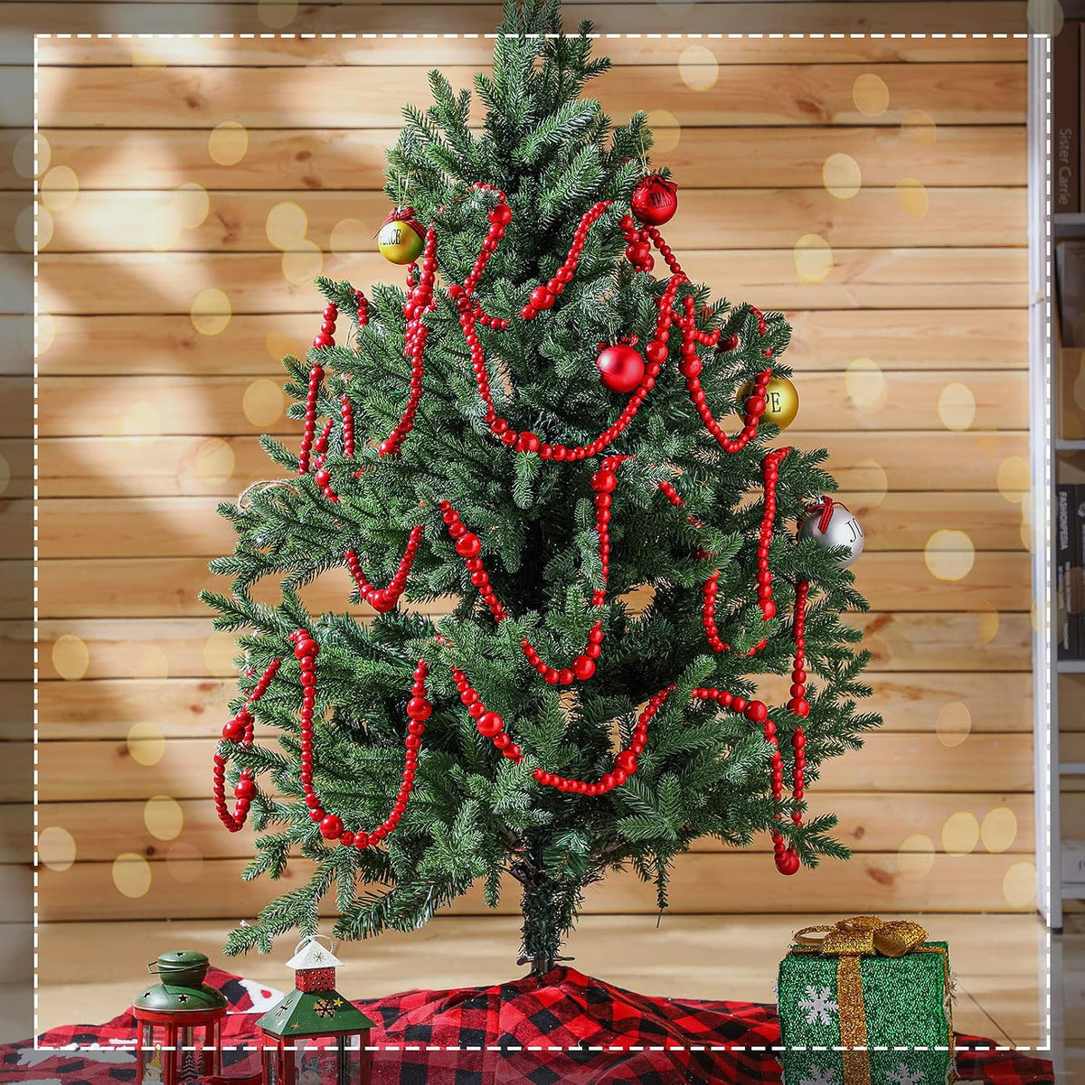 Yinder 4 Pcs 48 ft Red Wood Bead Garland for Christmas Tree Rustic Wooden Christmas Garland Decorations Natural Wall