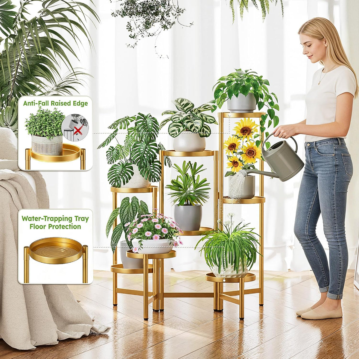 Gold Plant Stand, 8 Tiered Plant Stand Indoor for Multiple Large Planter, Tall Heavy Duty Adjustable Folding Rack with