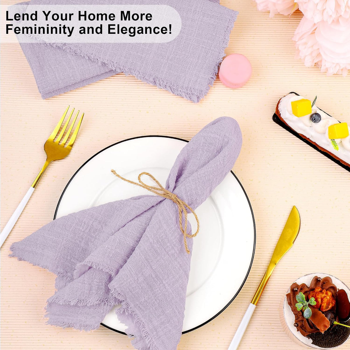 TURSTIN 24 Pieces Lavender Purple Cotton Linen Wedding Napkin Square Rustic Fringe Table Napkin for Dinners, Parties