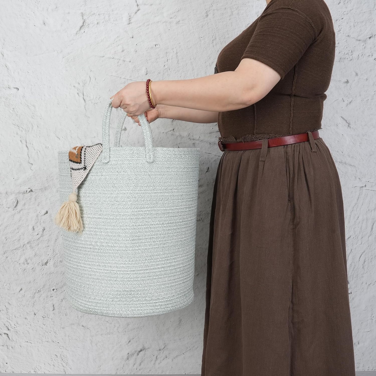 Cotton Rope Laundry Basket Hamper for Clothes Woven Storage Basket / Green / Regular