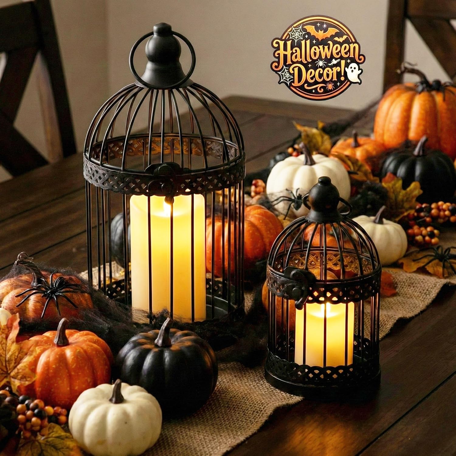 Vela Lanterns Bird Cage Decor Candle Holder Lantern Decorative Table Centerpiece Halloween Decorations, Black, Set of 4