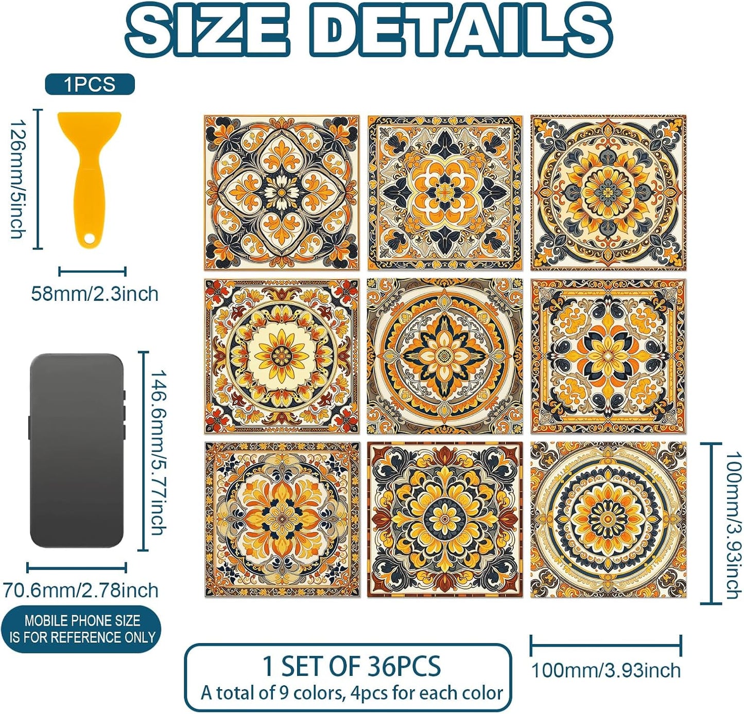 9 Style Peel and Stick Wall Tile Sticker Vintage Brownish- Wall / Mandala Pattern / Red / Set of 36