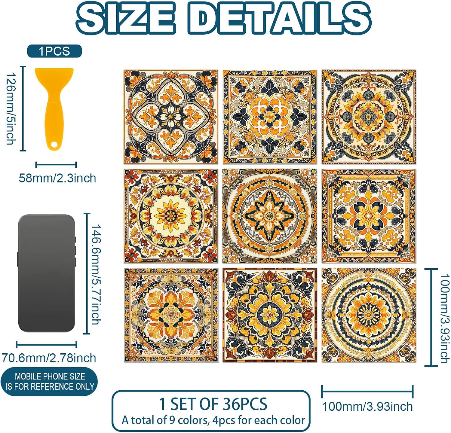 9 Style Peel and Stick Wall Tile Sticker Vintage Brownish- Wall / Mandala Pattern / Red / Set of 36