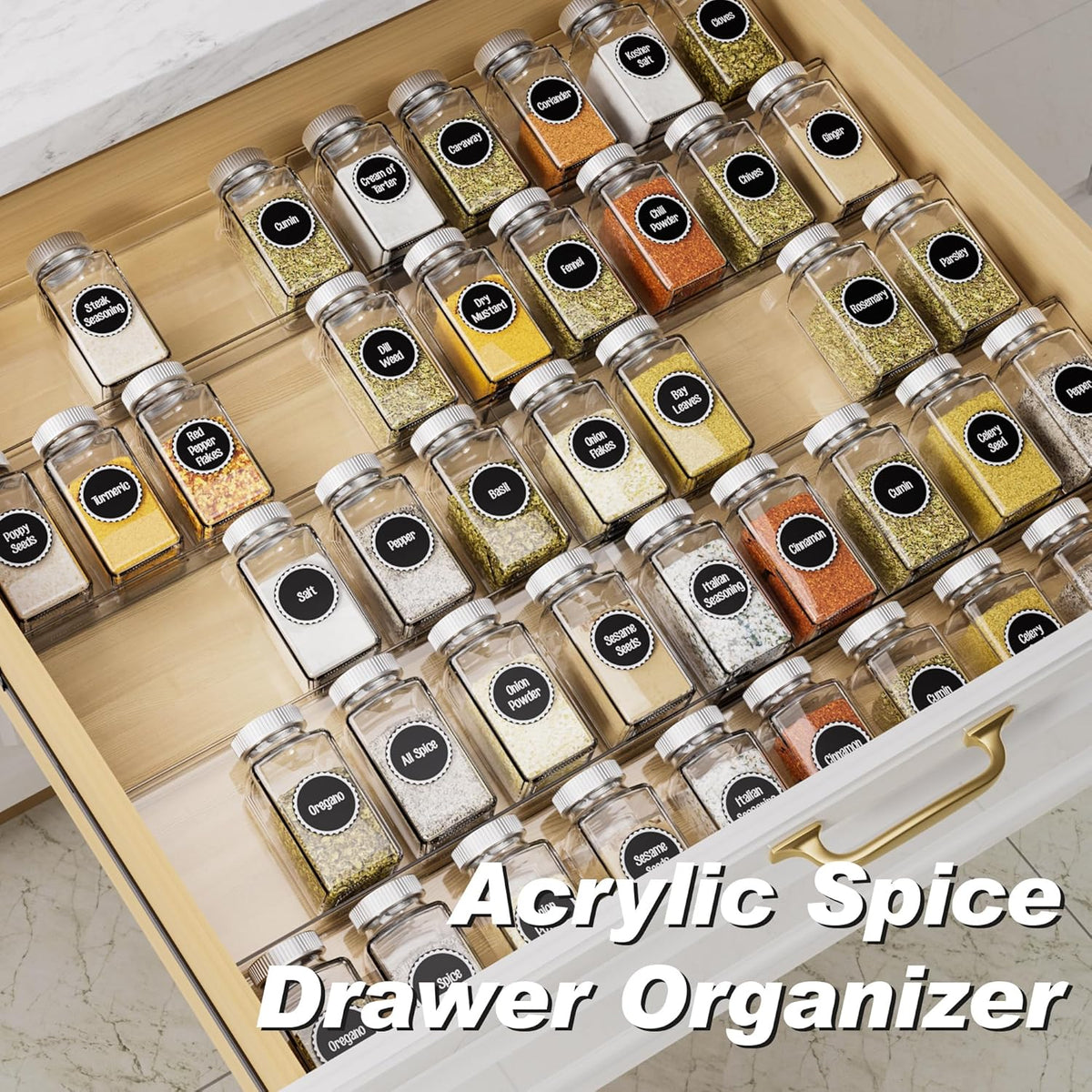 MIUKAA Acrylic Spice Drawer Organizer, 5 Tier - 10 Pack Seasoning Organizer for Drawer, Expandable From 13" to 26"