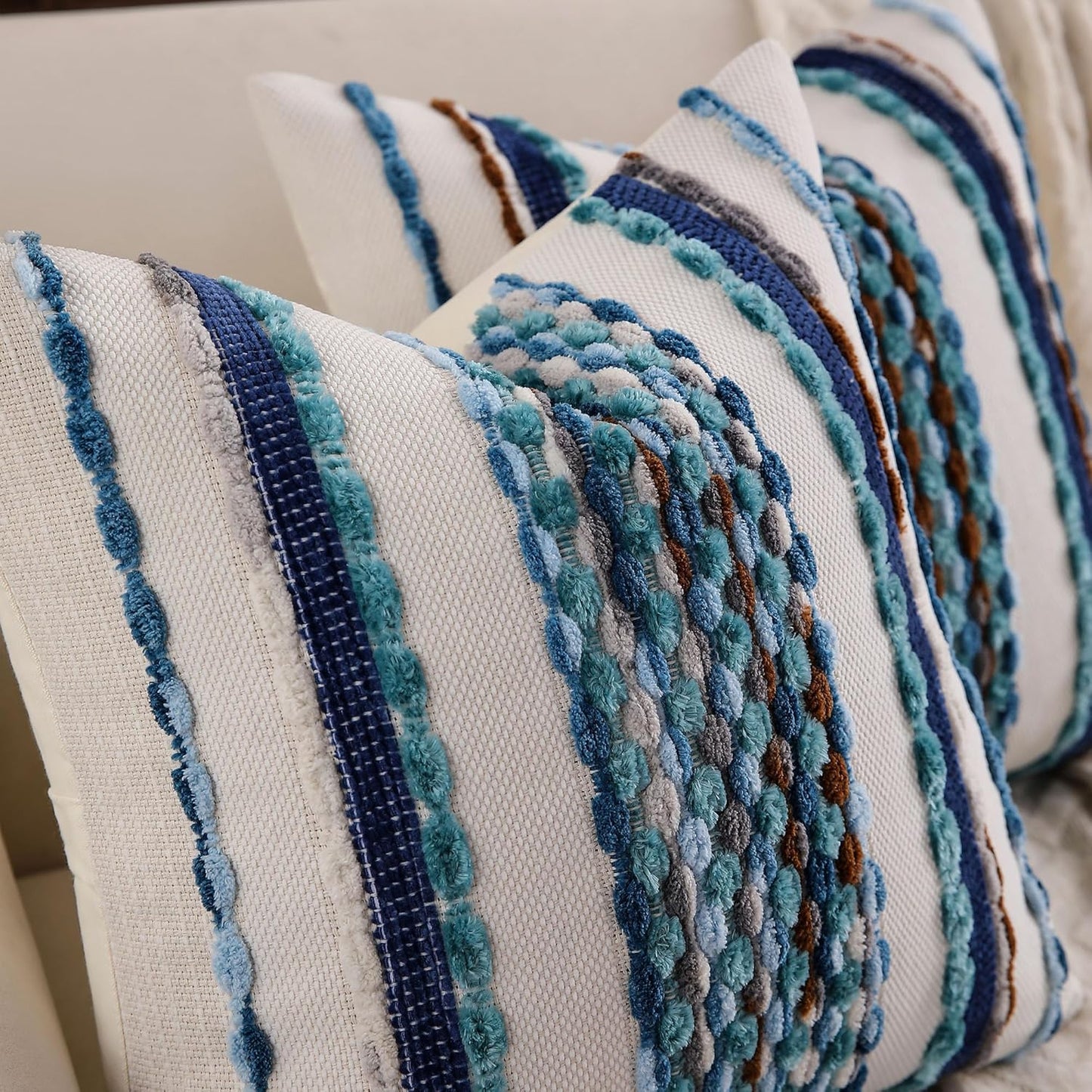 Boho Striped Throw Pillow Covers Farmhouse Square Decorative Pillow / Blue / 18 x 18 / Set of 2