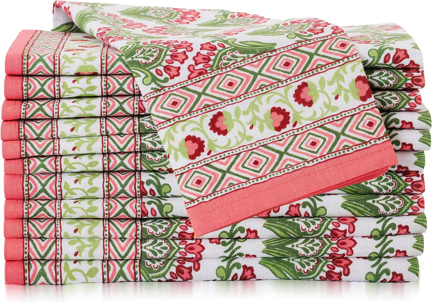 FINGERCRAFT Cloth Napkins Set of 12 Cotton Linen, 20x20 in Border Camellia | Mitered corner, washable, soft, absorbent