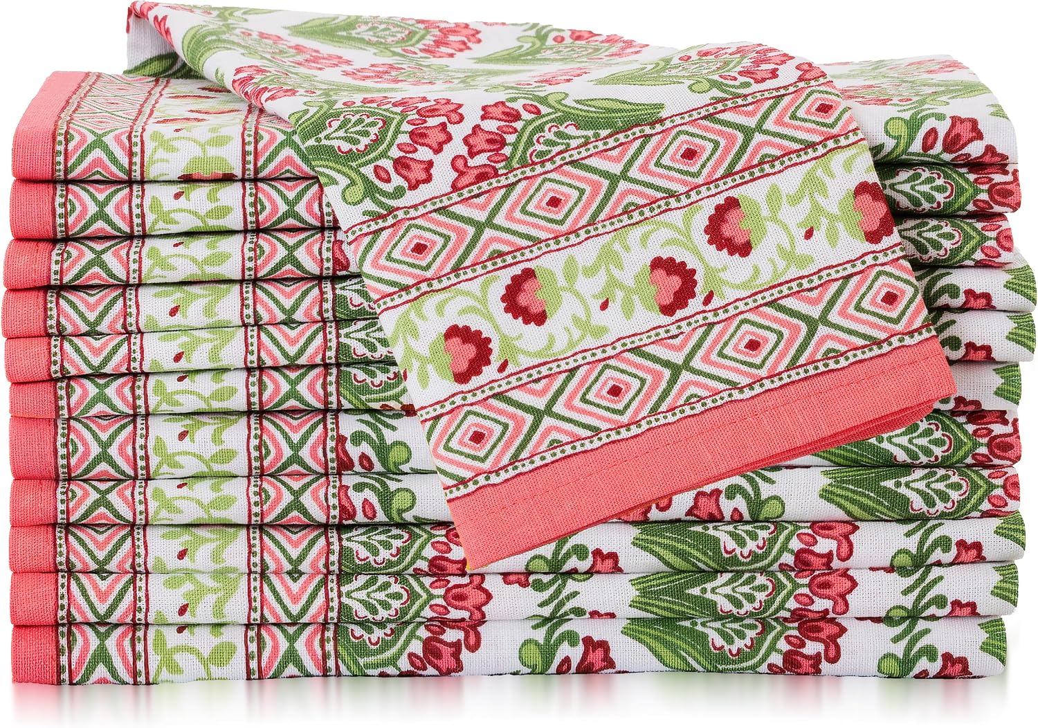 FINGERCRAFT Cloth Napkins Set of 12 Cotton Linen, 20x20 in Border Camellia | Mitered corner, washable, soft, absorbent