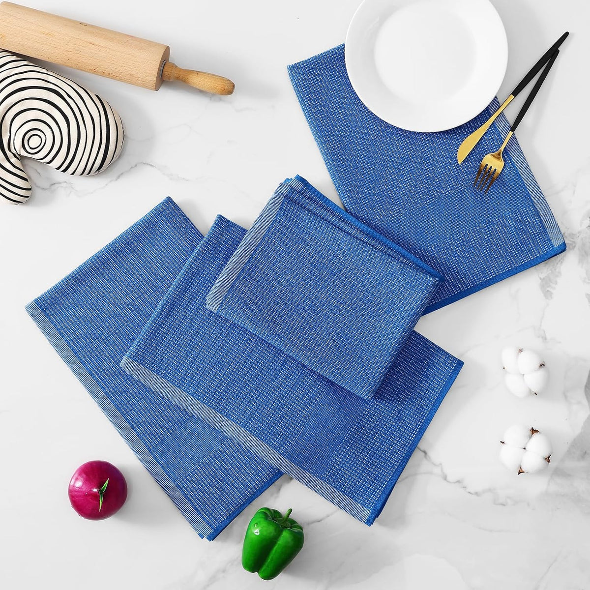 Homaxy 380 GSM Cotton Premium Kitchen Towels 8 Pack, 18"x 28", Blueberry | Flat and Terry Dish Towels, Highly Absorbent