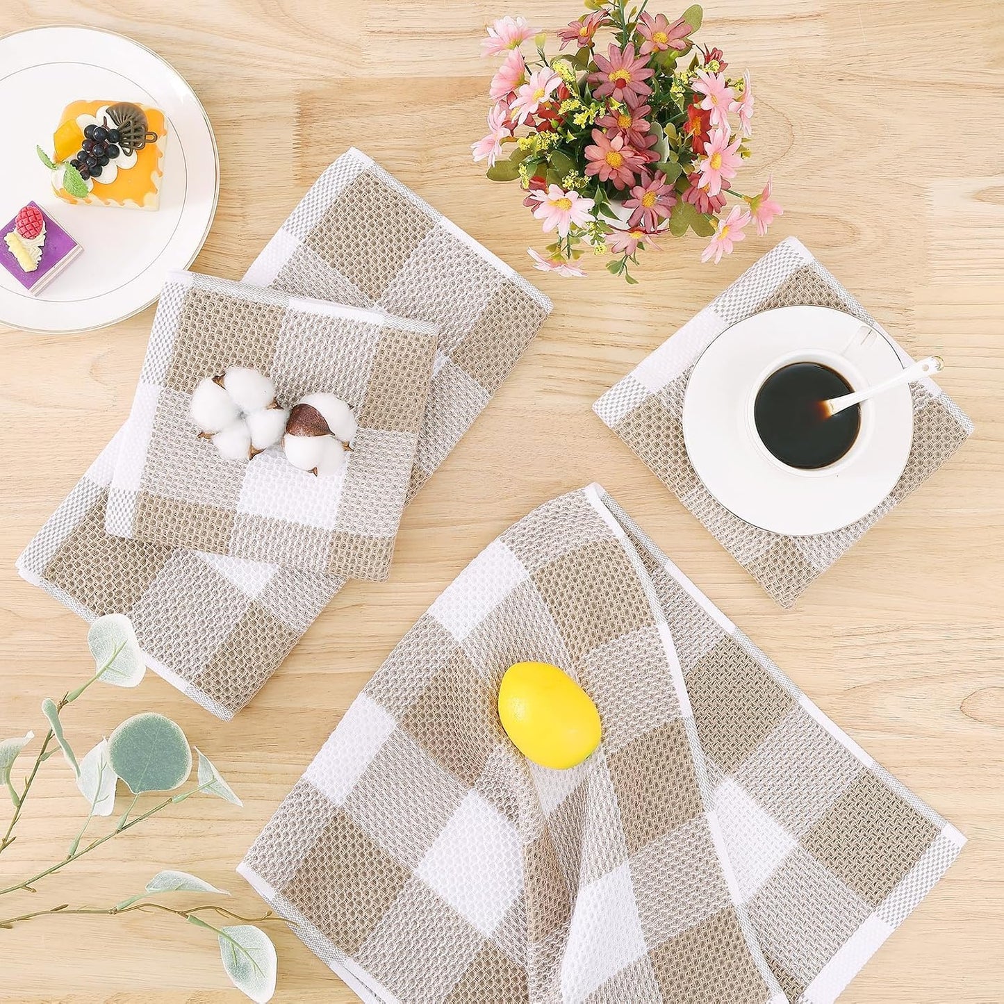 Homaxy Kitchen Towels and Dishcloths Set, Set of 12, White & Khaki | Bulk Cotton Waffle Weave Check Plaid Kitchen