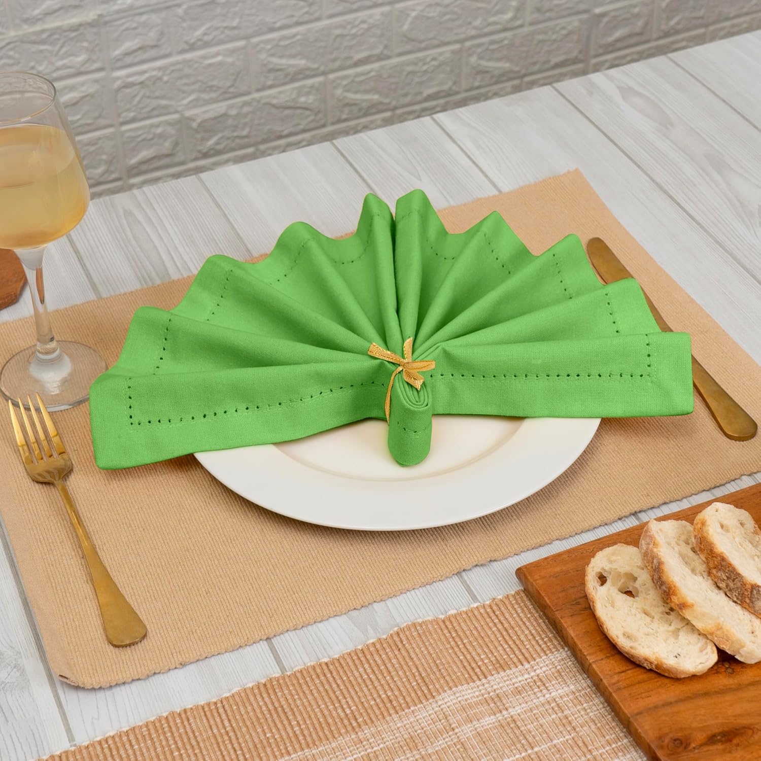 Blue Needles Set of 12 Hemstitch Linen Napkins 100% Cotton Apple Green Cloth Dinner Napkins 18x18 inches - Spring
