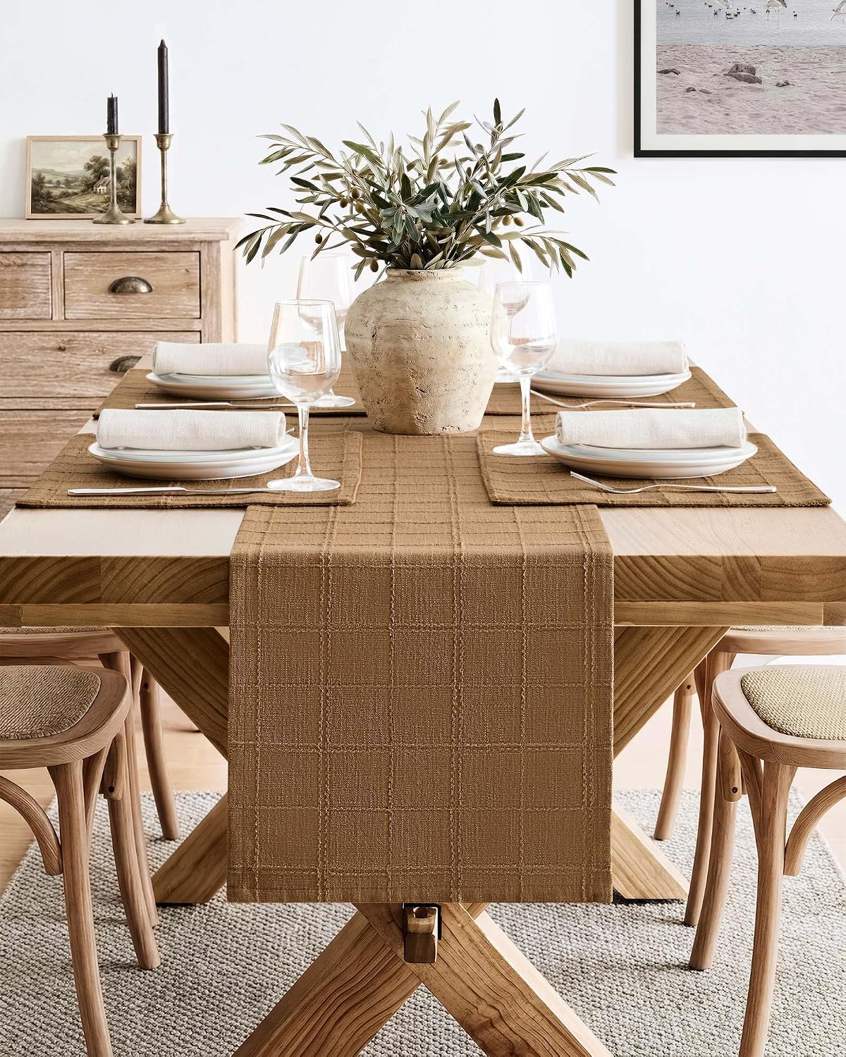 Linen Checked Farmhouse Placemats Set of 6, Roasted Brown 13x19in | Double Layer, Reversible, Thick Textured Table