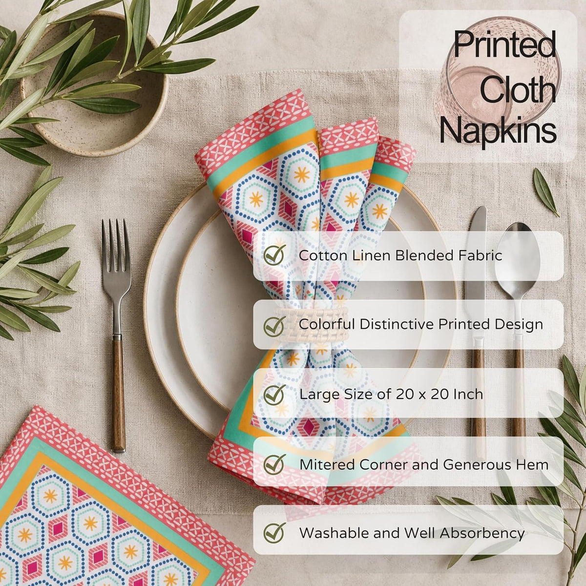 FINGERCRAFT Cloth Napkins Set of 12, 100% Cotton, 20x20 Inch, Coral Oasis | Mitered corner, washable, soft, absorbent