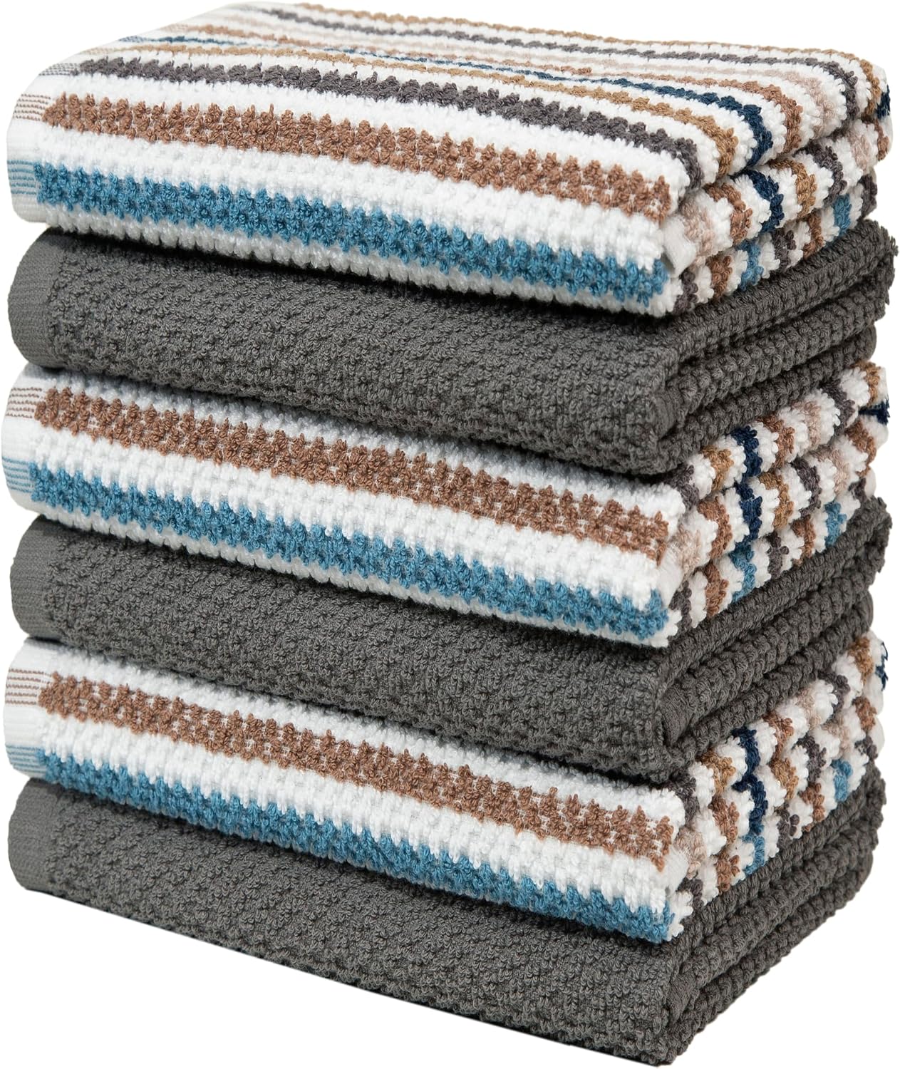 Bumble Kitchen Towels 6 Pack 100% Cotton 16"x26" - Grey Wide Stripe | 430 GSM Soft Kitchen Hand Towels with Hanging