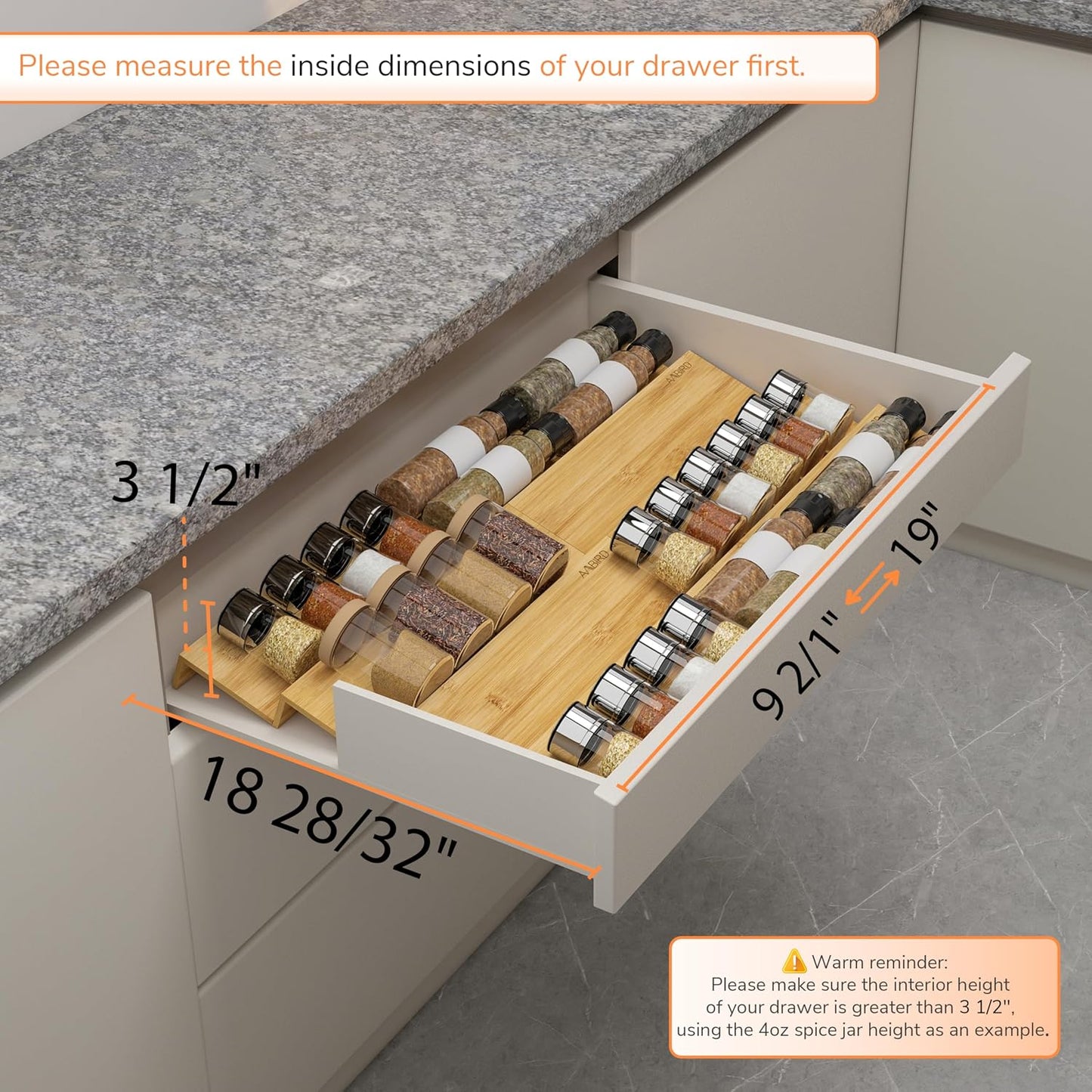 AMBIRD Bamboo Spice Drawer Organizer with Non-slip Mat,4 Tier - 2 Set Jar Spice Rack Tray From 9.5''to 19'', Seasoning