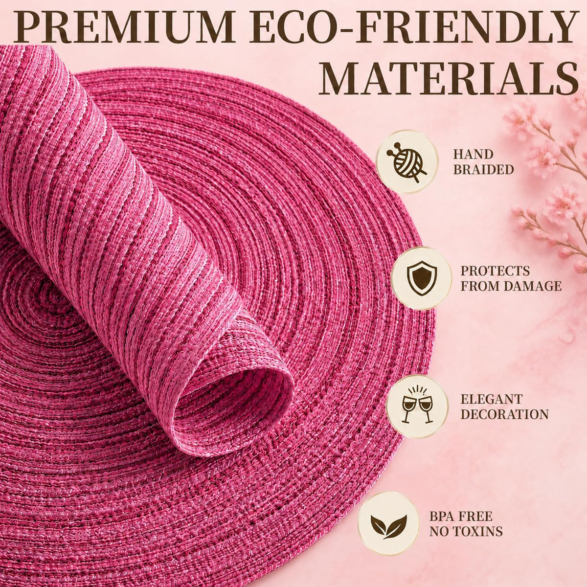 TaroKitc 15 in Round Placemats Set of 8, Washable Woven Placemats Heat Resistant Cotton Polyester Braided Table Mat