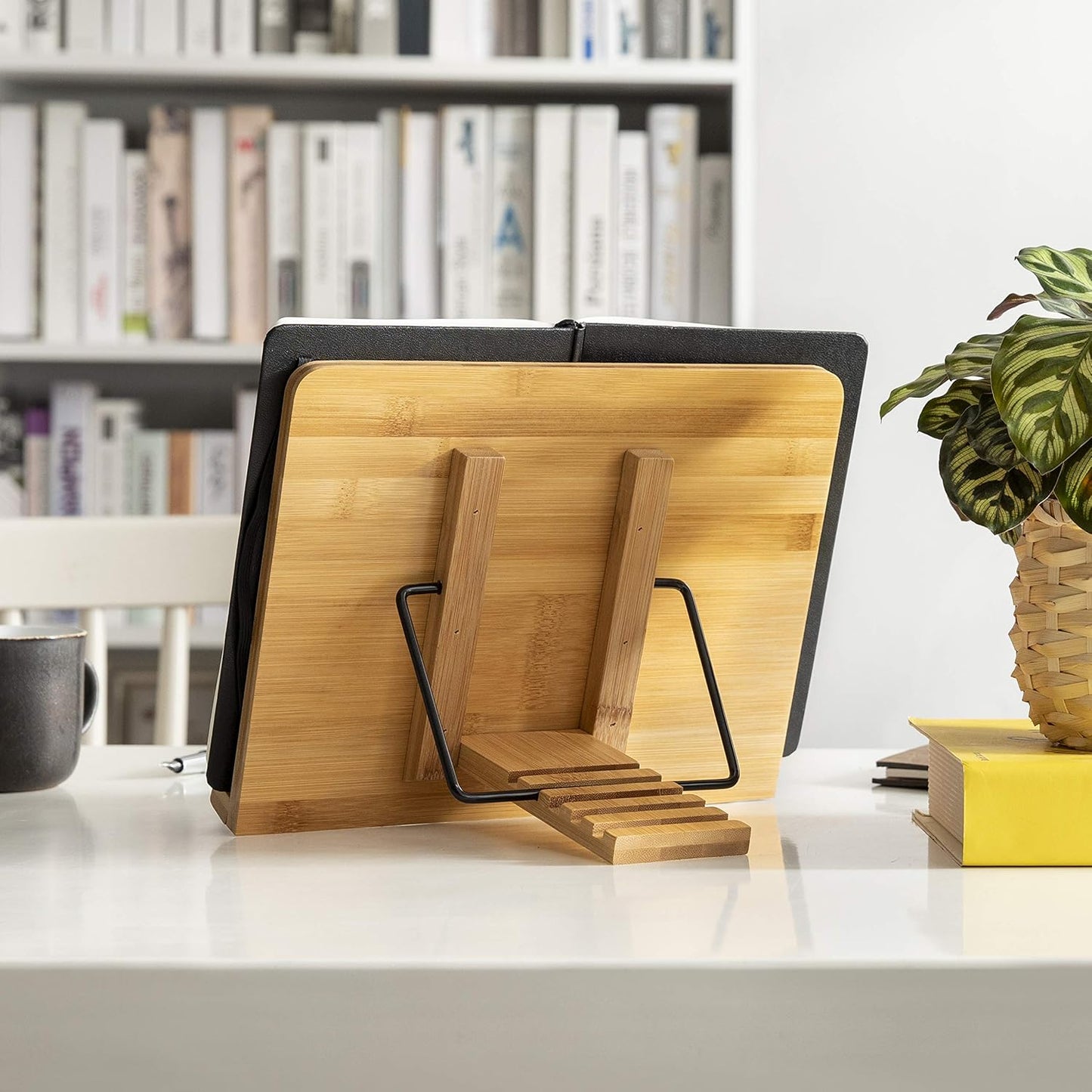 wishacc Bamboo Book Stand, Adjustable Book Holder Tray and Page Paper Clips-Cookbook Reading Desk Portable Stable