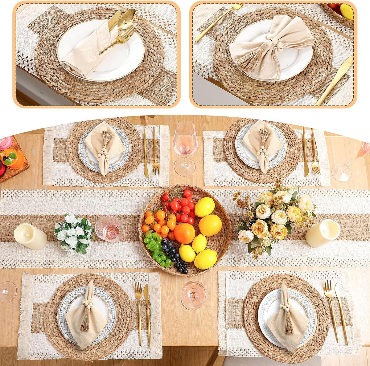 Boho Placemat Table Runner Napkin Rings, Khaki, 12x108, 8 Sets | Woven Mats for Dining with Wood Bead Rings, Cloth
