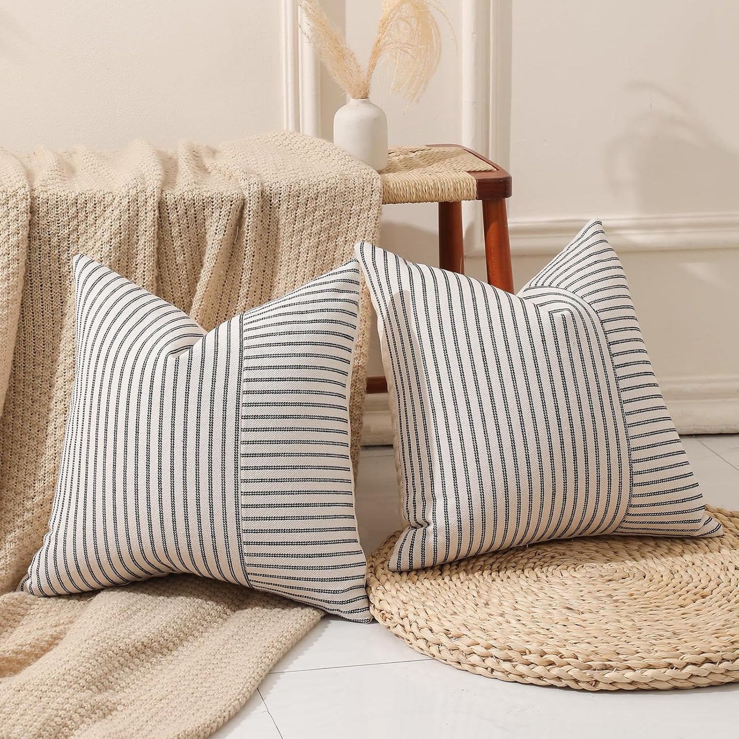 Beige Patchwork Farmhouse Throw Pillows Covers / Black / 18 x 18 / Set of 2