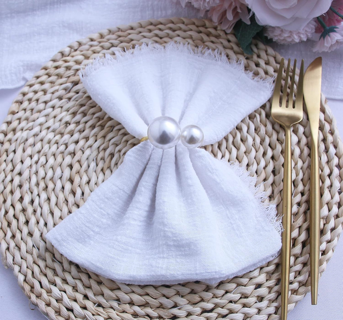 Cloth Napkins with Fringe Set of 12, Soft Cotton, 16 x 16 Inches, White | Boho Rustic Dinner Napkins, Reusable Washable