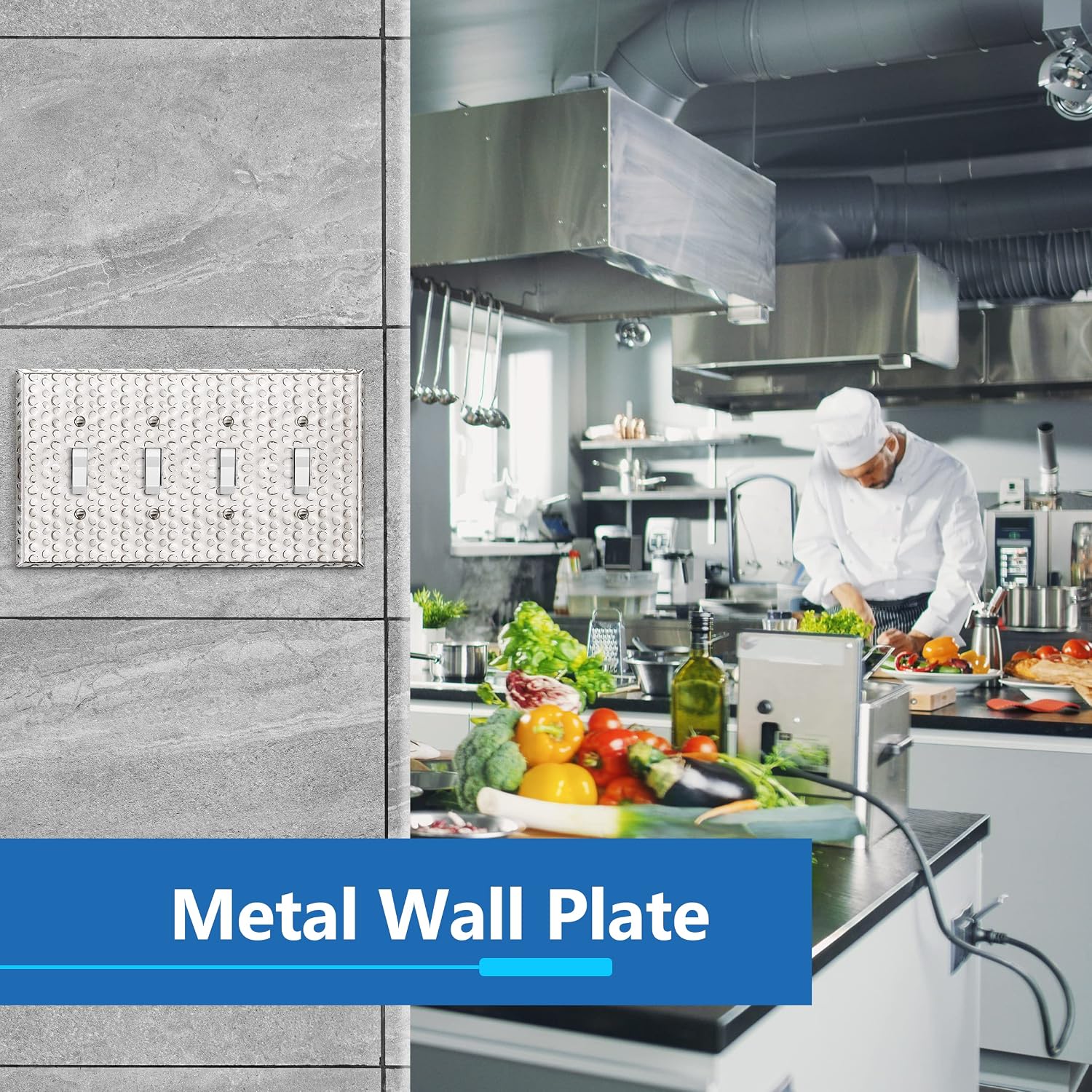 LIDER Toggle Light Switch Metal Wall Plate, SwitchCover, Mid-Size 4-Gang | Corrosion Resistant, Hammered Chrome