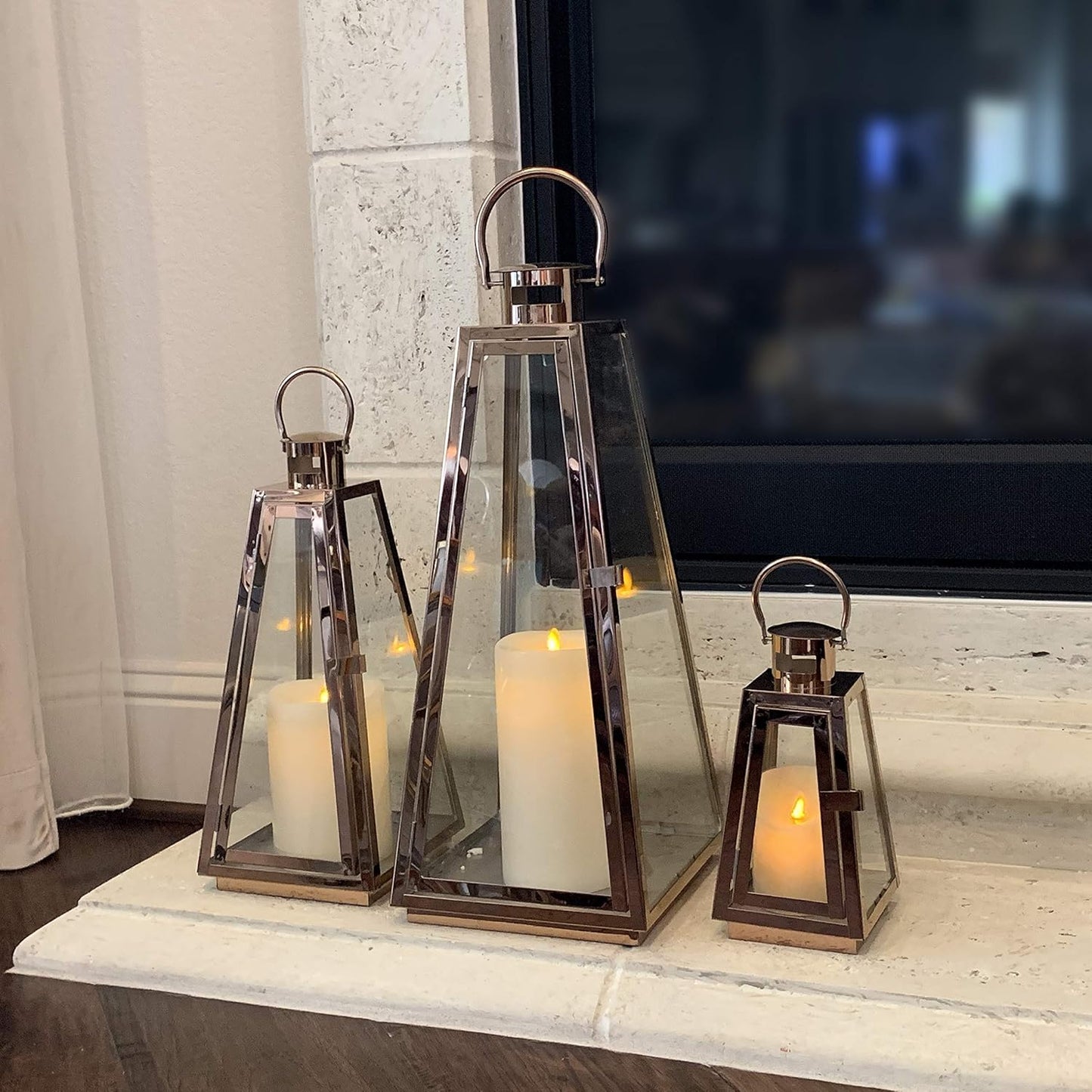 allgala Lantern Jumbo Deluxe Modern Indoor/Outdoor Candle Stainless Steel Rectangular Frame with Lattice Grid Tempered