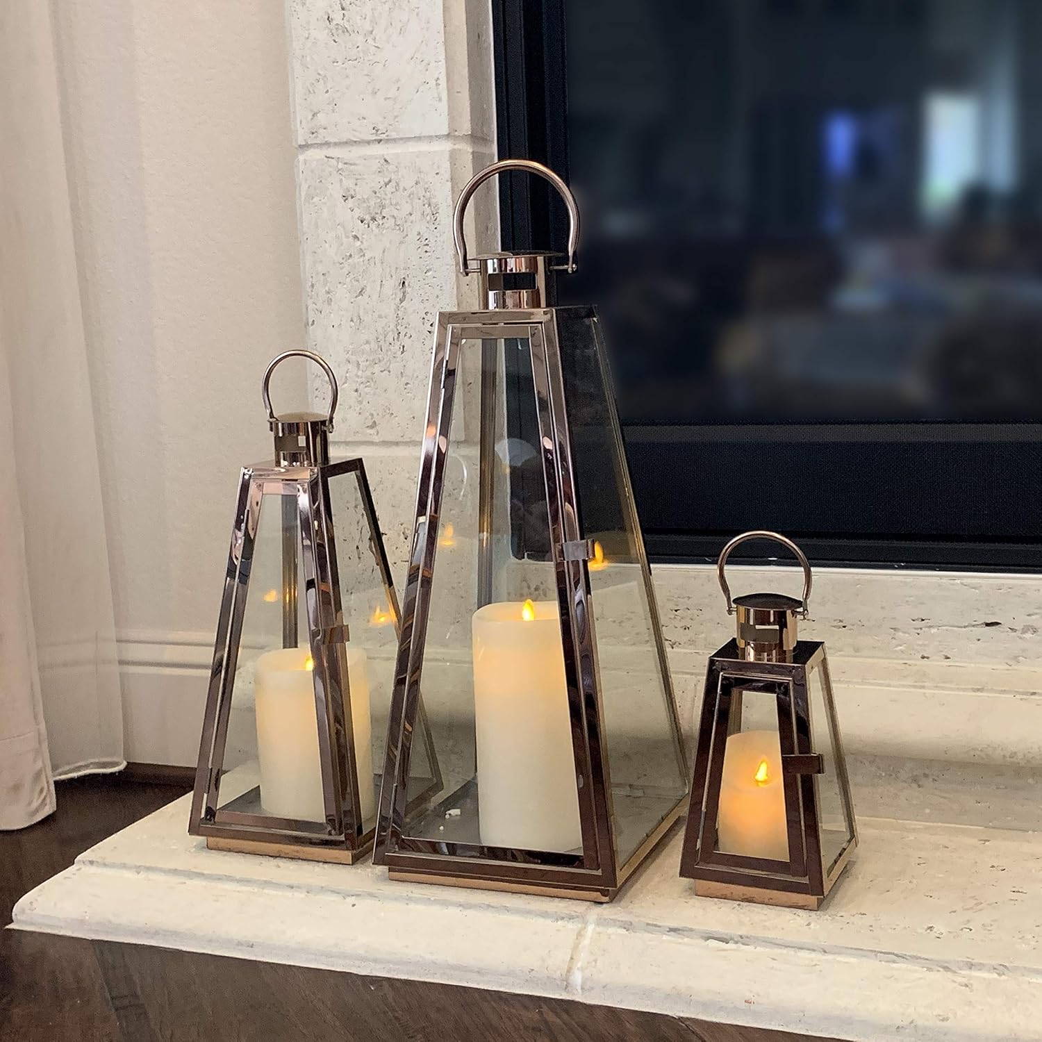 allgala Lantern Jumbo Deluxe Modern Indoor/Outdoor Candle Stainless Steel Rectangular Frame with Lattice Grid Tempered