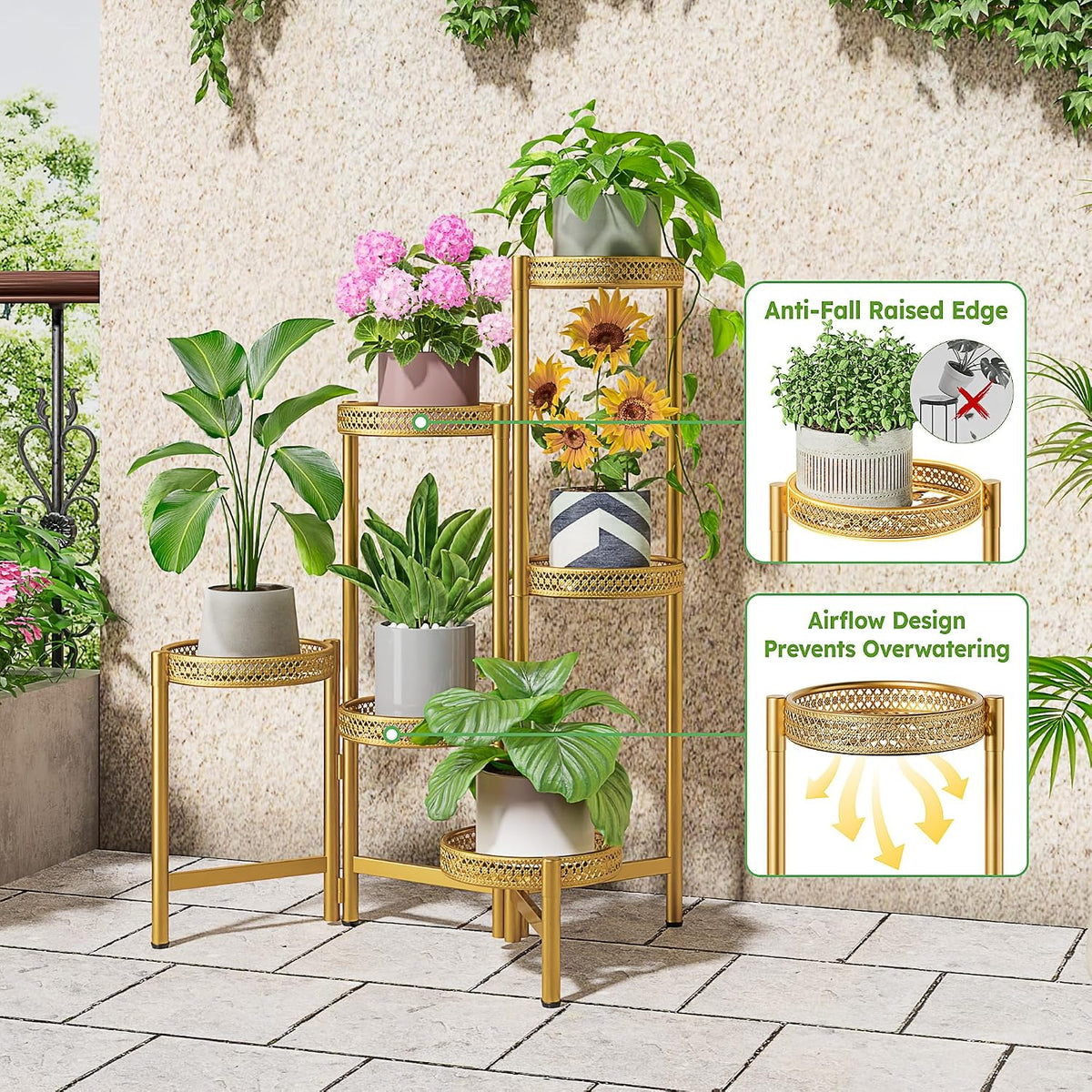 6 Tiered Plant Stand Indoor for Multiple Large Planter, Tall Heavy Duty Adjustable Folding Rack with Rustproof 7.9 Inch