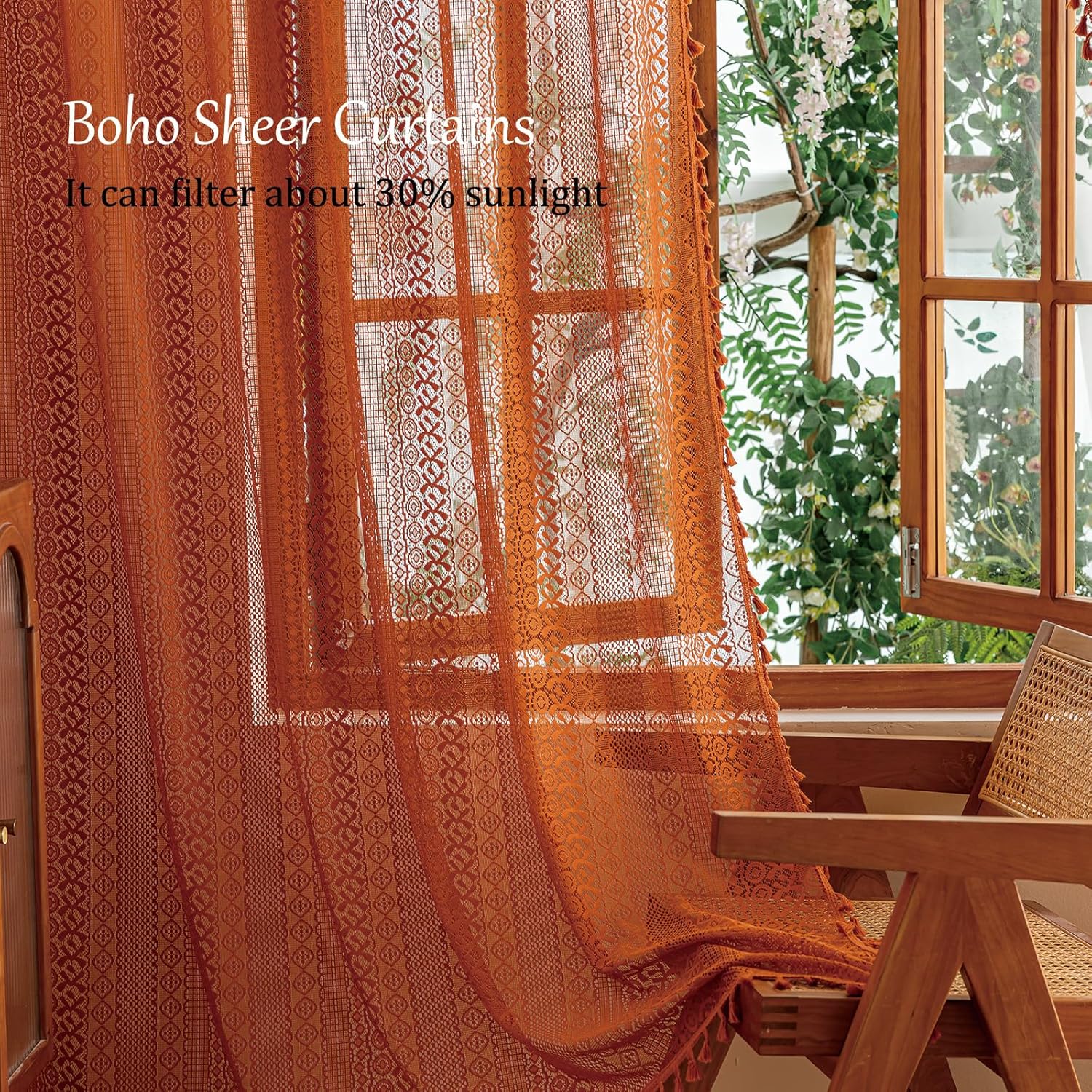 Boho Lace Curtains 2 Panels Long / Terracotta / 50"W x 84"L / Orange / 84 Inch