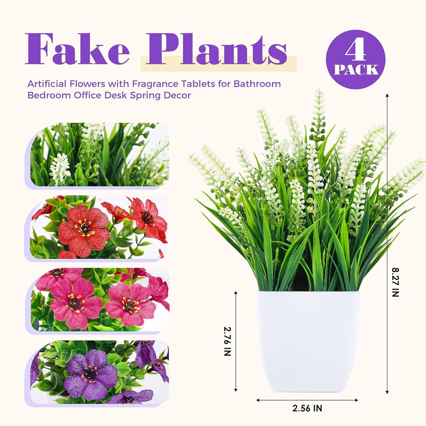 Fake Plants Small Artificial Flowers in Pots for Desk Bathroom Shelf / Colorful / White / Set of 4