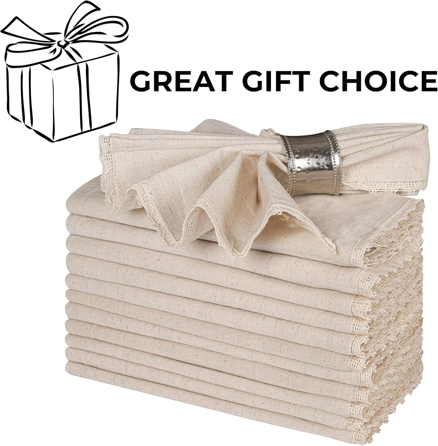 Bedding Craft Linen Cloth Napkins with Lace, 18x18, Set of 12 | Flax cotton blend, lace trim, mitered corners, machine