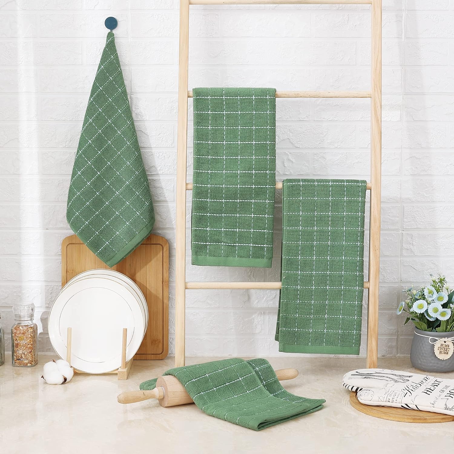 Homaxy 100% Cotton Terry Kitchen Towels, 8 Pack, Grass Green | Ultra Soft and Absorbent Dish Towels for Kitchen
