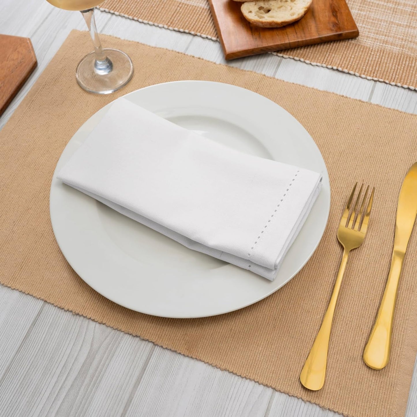 Blue Needles Set of 12 Hemstitch Linen Napkins 100% Cotton White Cloth Dinner Napkins 18x18 inches, Soft, Reusable