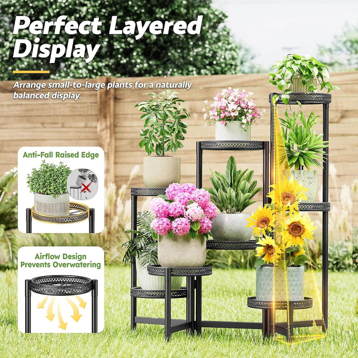 Black Stand Plants, 8-Tier Metal Plant Stands for Outdoor Indoor Plants,Heavy Duty Flower Pot Stands for Multiple