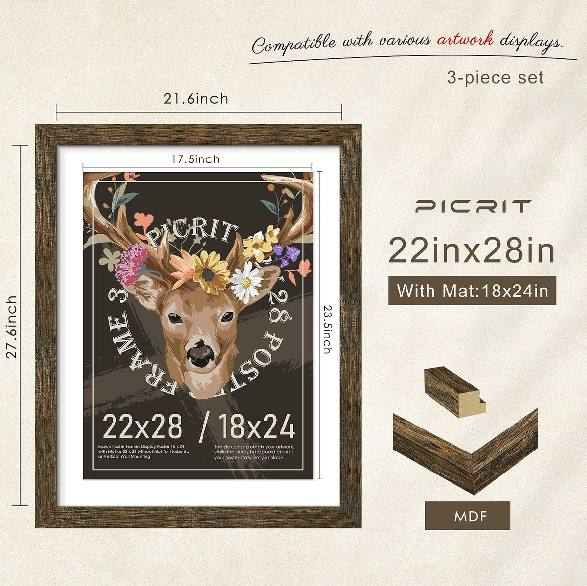 22x28 Rustic Brown Poster Frame, Picture Frame for Wall, 3 Pack | Fits 18x24 Photos With Mat or 22x28 Without Mat