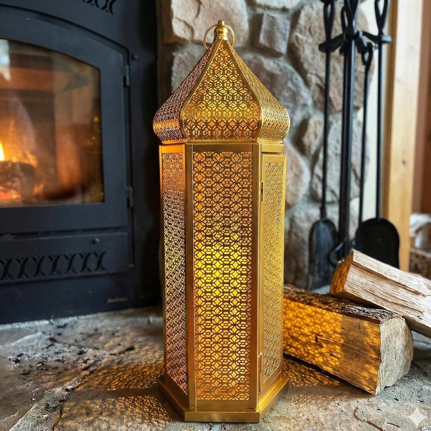 Vela Lanterns Decorative Indoor Gold Moroccan Floor Lantern, Extra Large | Big Moroccan Candle Holder Lamp, Golden