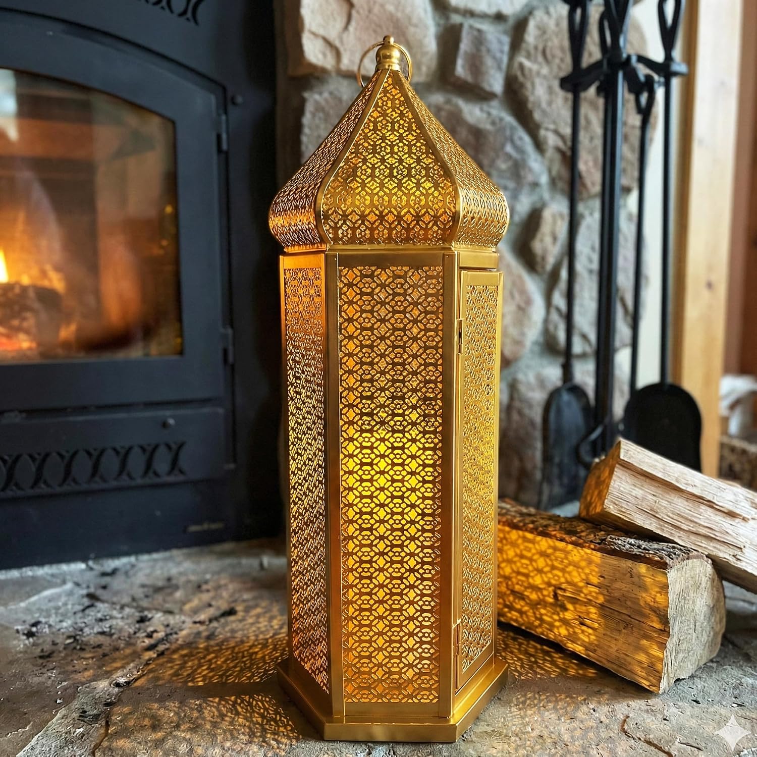 Vela Lanterns Decorative Indoor Gold Moroccan Floor Lantern, Extra Large | Big Moroccan Candle Holder Lamp, Golden