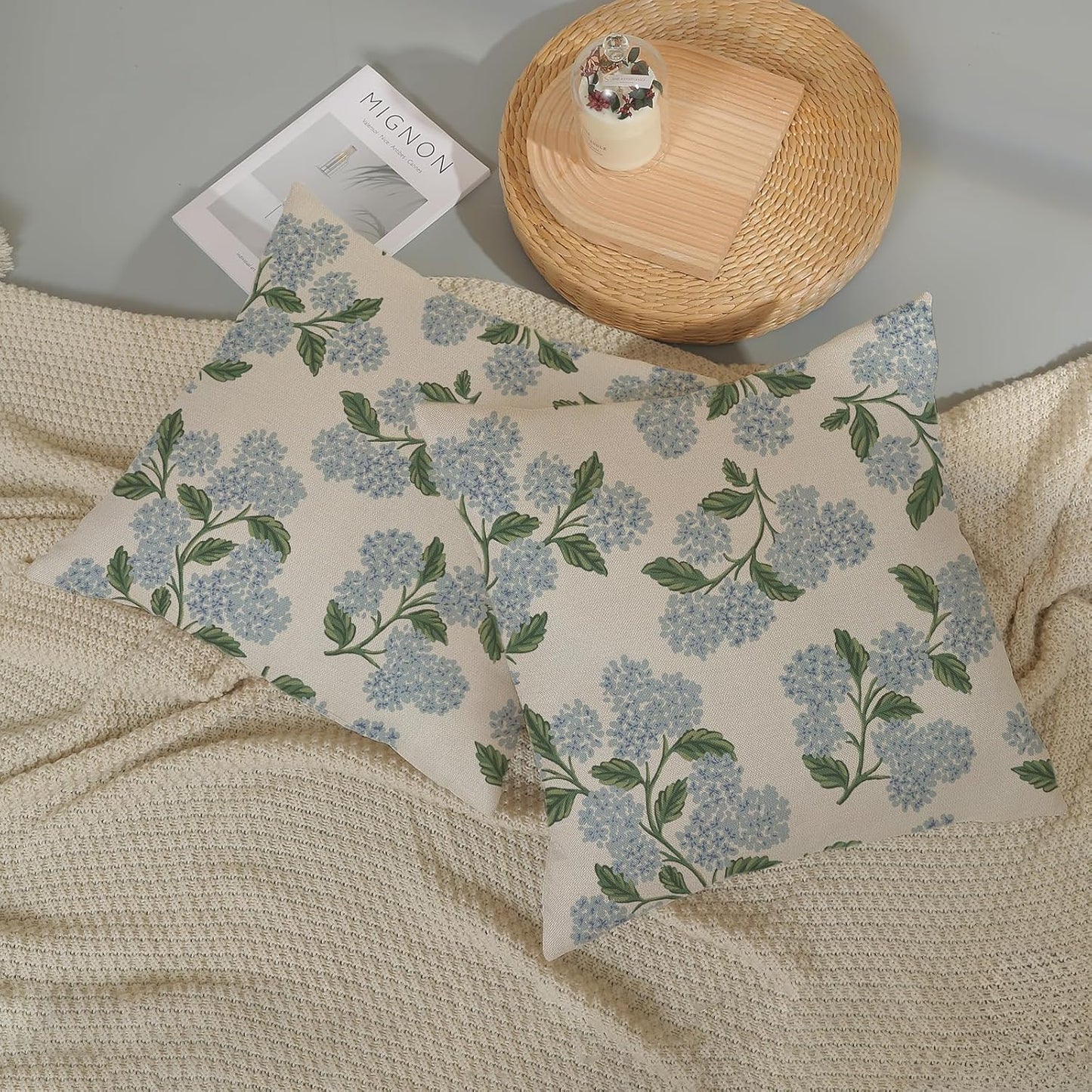 Spring Pillow Covers Green Flower Decor Throw Pillows / 18 x 18 / Hydrangea / Blue / Set of 2