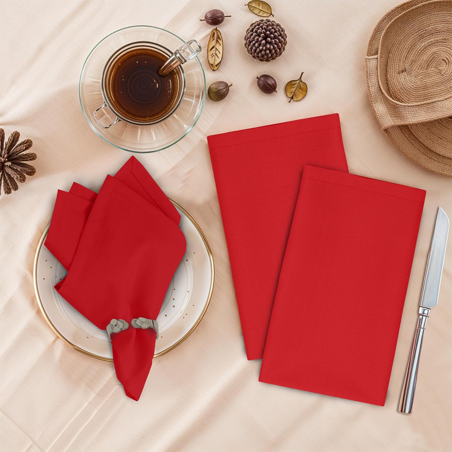 Ruvanti Cloth Napkins Set of 12, 100% Cotton 18”x18” - Flame Scarlet | Washable, Soft, Durable & Absorbent Everyday