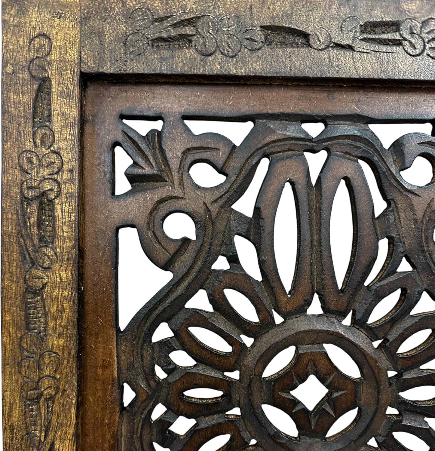 Floral Hand Carved Wooden Wall Panels / Rustic Brown / Set of 2