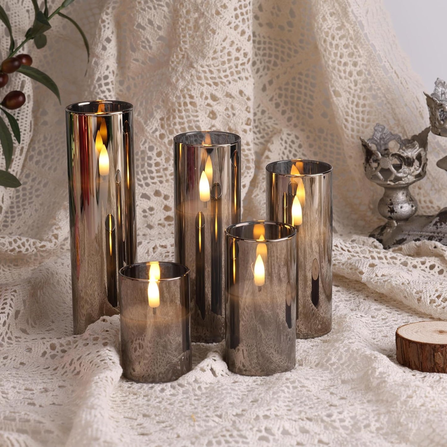 Grey Glass Flameless Pillar Candles with Remote Batteries Set of 5 | Flickering Tall LED Candles, Batteries Included