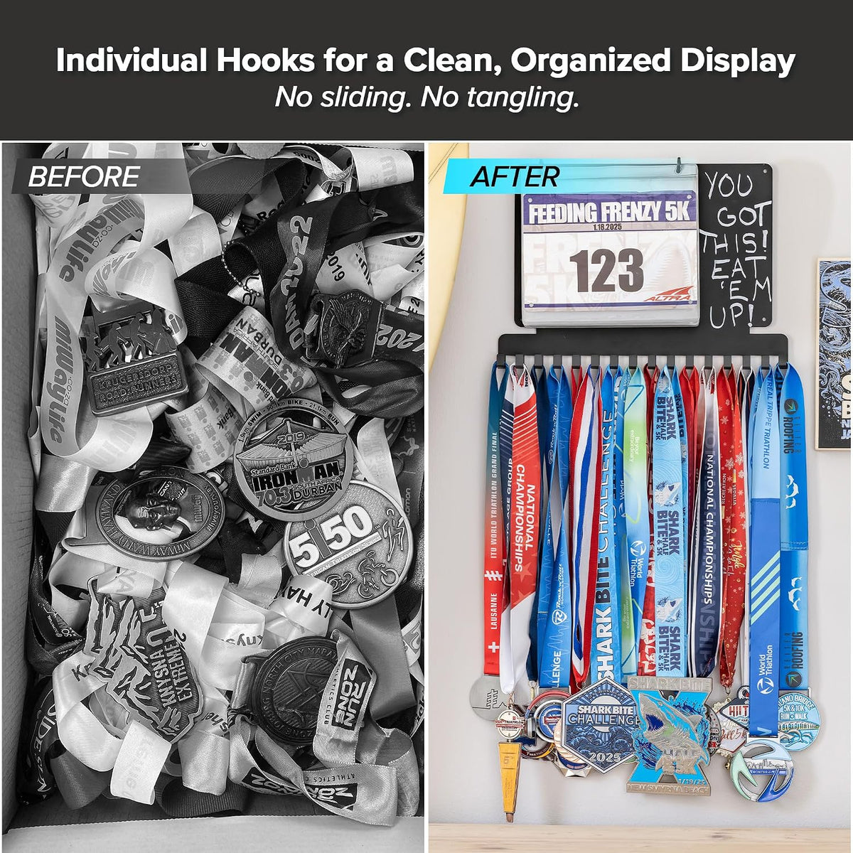 Running Medal Hanger Display with Race Bib Holder, Gift for Runners | Individual Hooks, Custom Write-On Board, Easy to